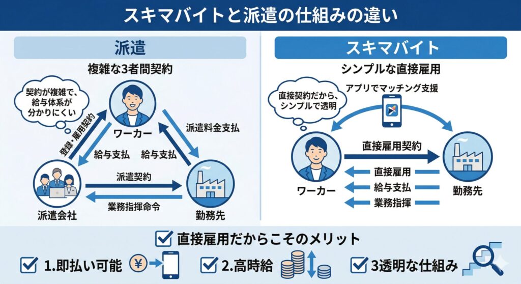 スキマバイトと派遣の仕組みの違い