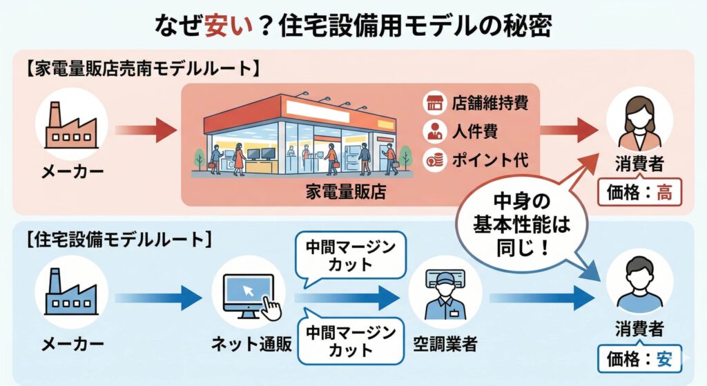 住宅設備用モデルと家電量販店モデルの流通経路の違い