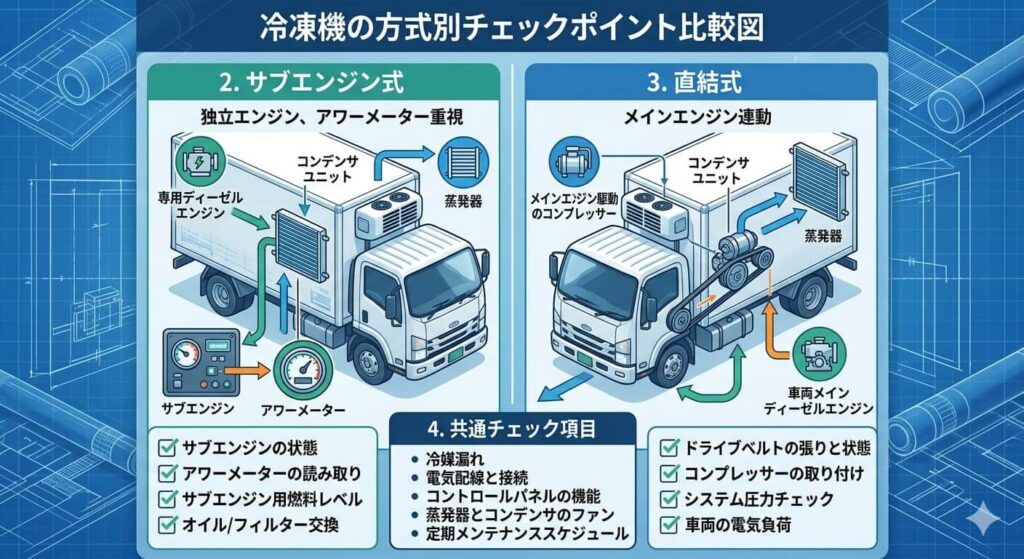 冷凍機の方式別チェックポイント比較図