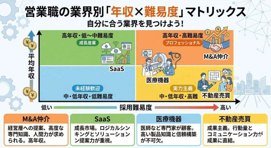 営業職の業界別「年収×難易度」マトリックス