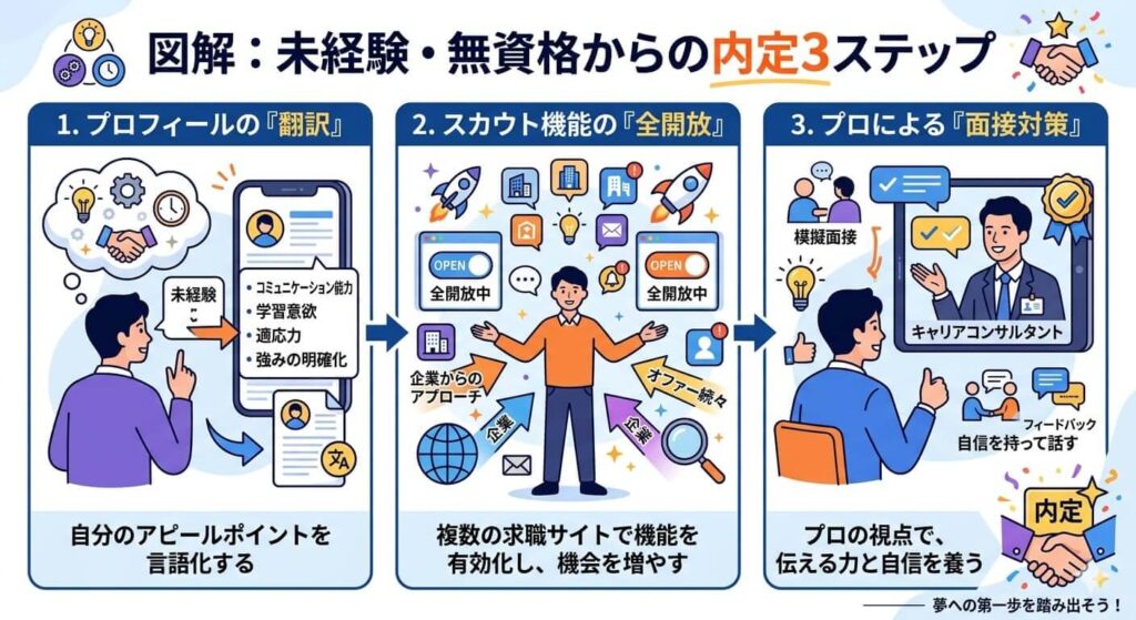 未経験・無資格からの内定3ステップ