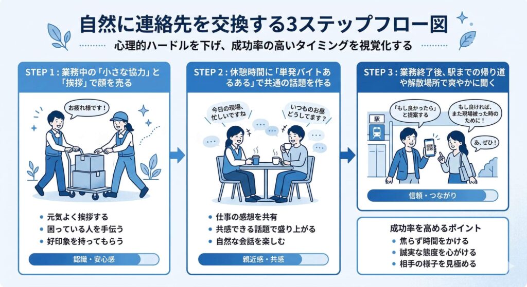 自然に連絡先を交換する3ステップフロー図