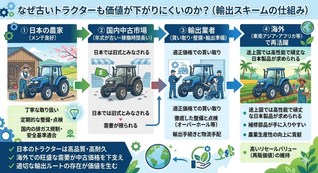 トラクターの価値が下がりにくい理由(輸出スキーム)