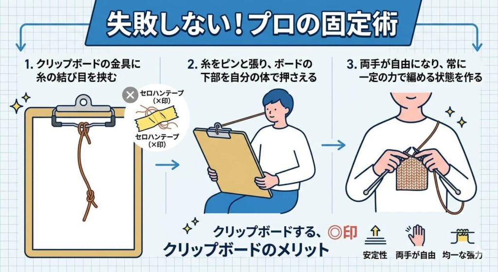 クリップボードを使った糸の固定法