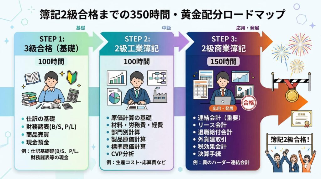 簿記2級合格までの350時間・黄金配分ロードマップ