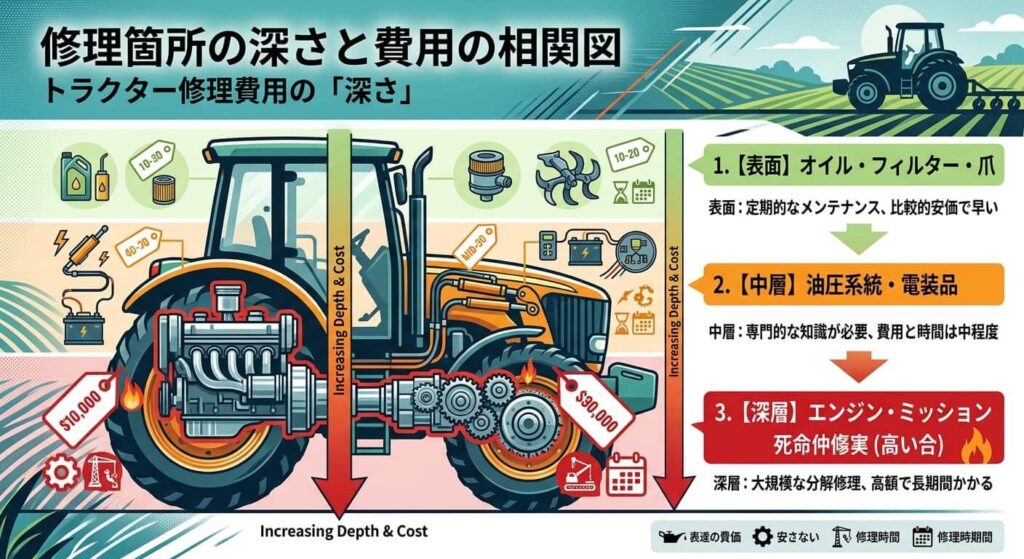 修理箇所の深さと費用の相関図