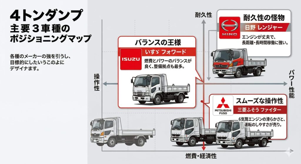 4トンダンプ主要3車種のポジショニングマップ