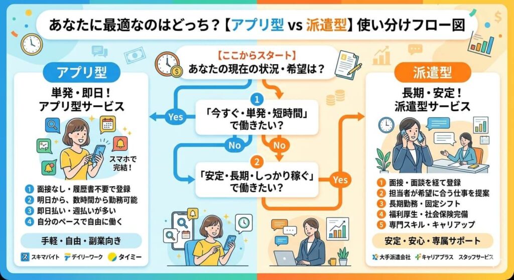 アプリ型 vs 派遣型の使い分けフロー図