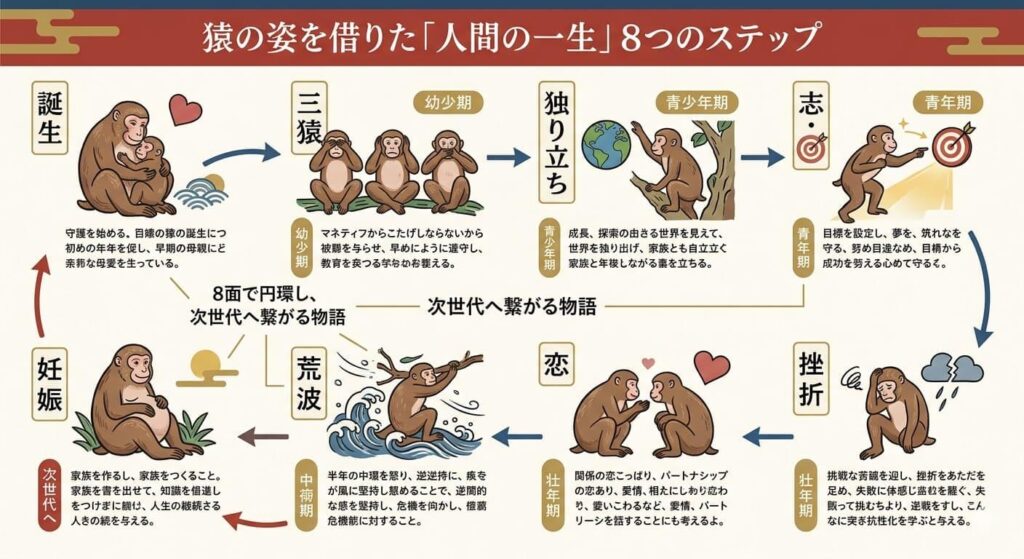 日光東照宮・神厩舎「猿の一生」8面フロー図