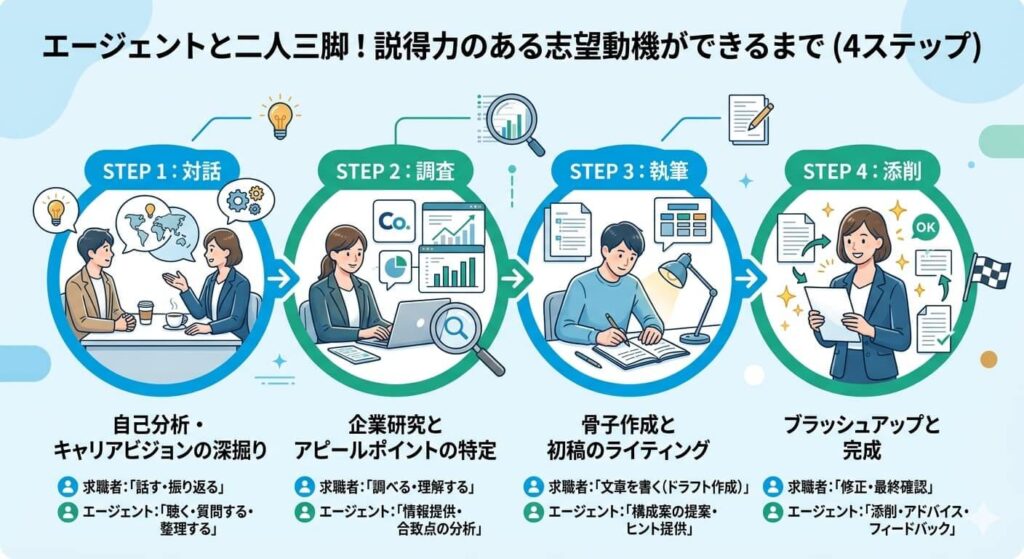 志望動機作成の4ステップフロー図