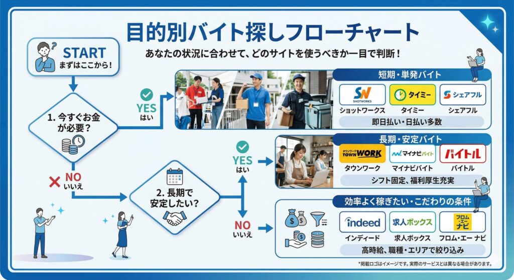 目的別バイト探しフローチャート