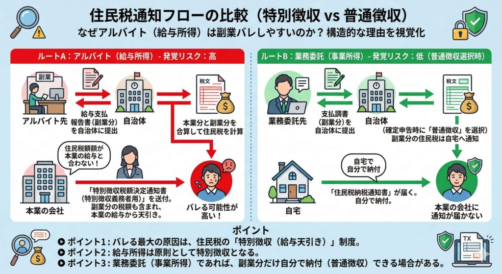 住民税通知フローの比較（特別徴収 vs 普通徴収）