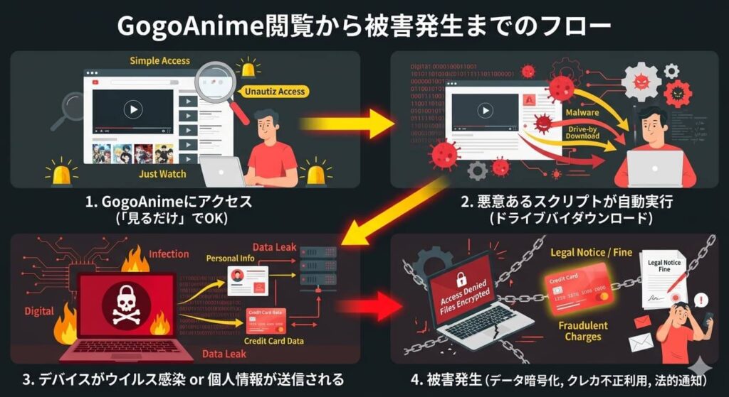 GogoAnime閲覧から被害発生までのフロー