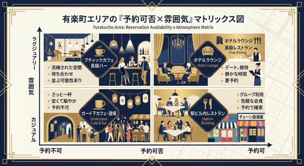 有楽町エリアの「予約可否×雰囲気」マトリックス図