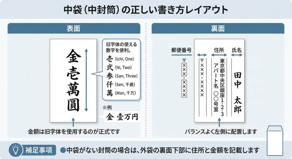 中袋の表面および裏面の記入レイアウト見本