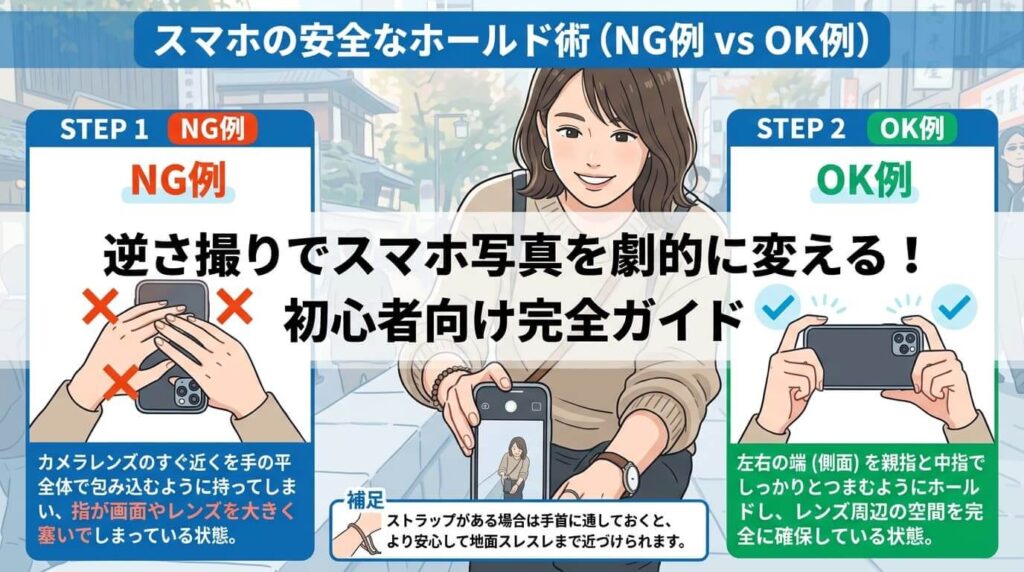 スマホの正しい持ち方（端をつまむホールド姿勢）と、指が映り込むNG例・OK例の比較