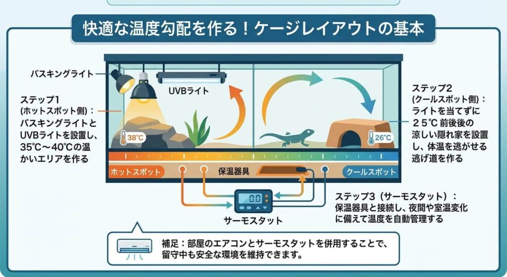 ケージ内の温度勾配と機材の配置図