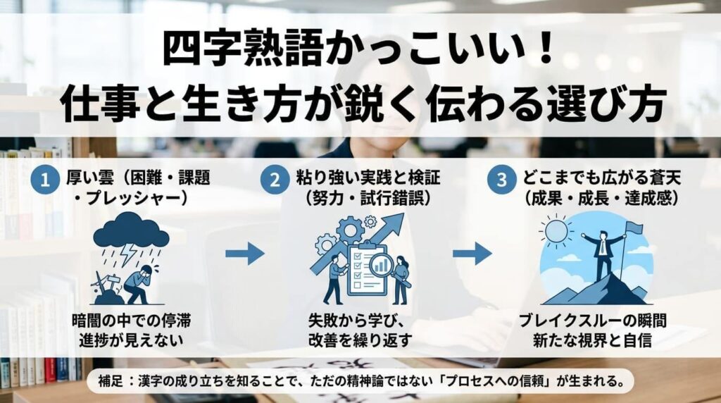 挑戦系四字熟語の「困難から抜け出すプロセス」を段階的に示すフロー図