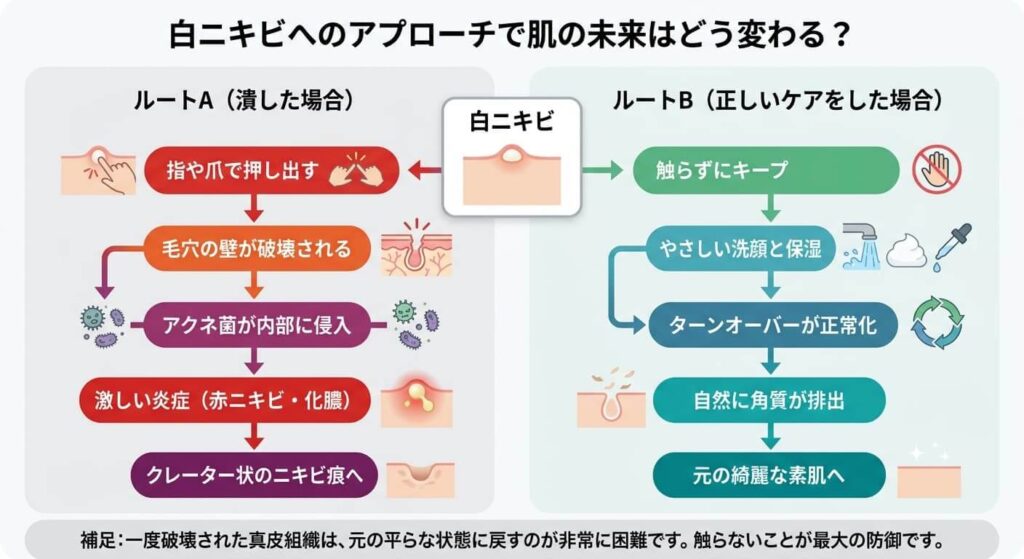 「白ニキビを潰した場合」と「触らずにケアした場合」の肌内部の変化の比較フロー図