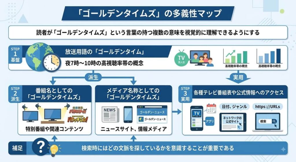 「ゴールデンタイムズ」の多義的な文脈（番組名・放送用語）を整理した全体像
