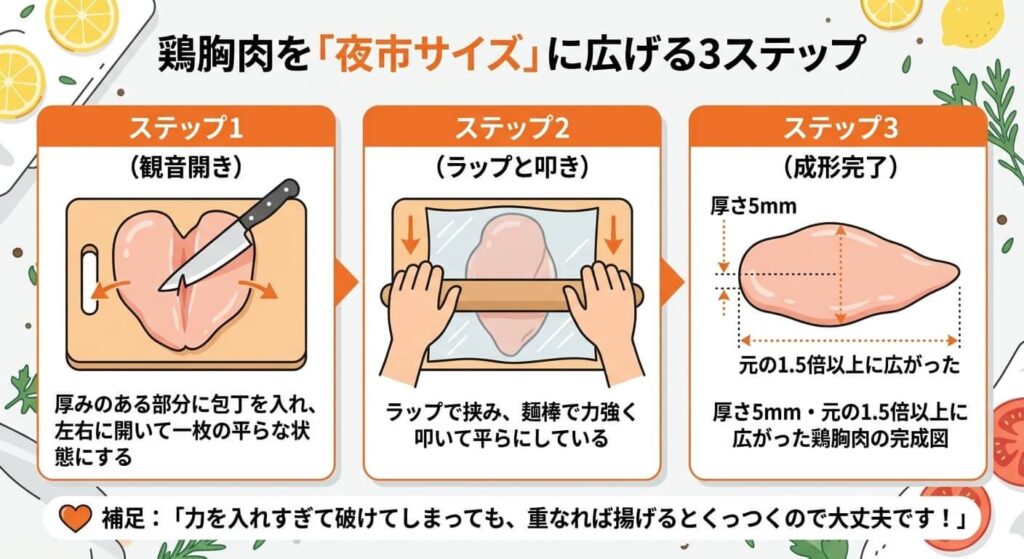 鶏胸肉を大きく薄く広げるステップフロー図