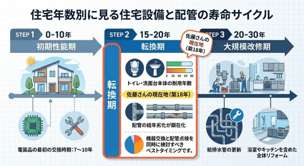 住宅の設備機器別耐用年数と配管の劣化リスクを示すタイムライン図