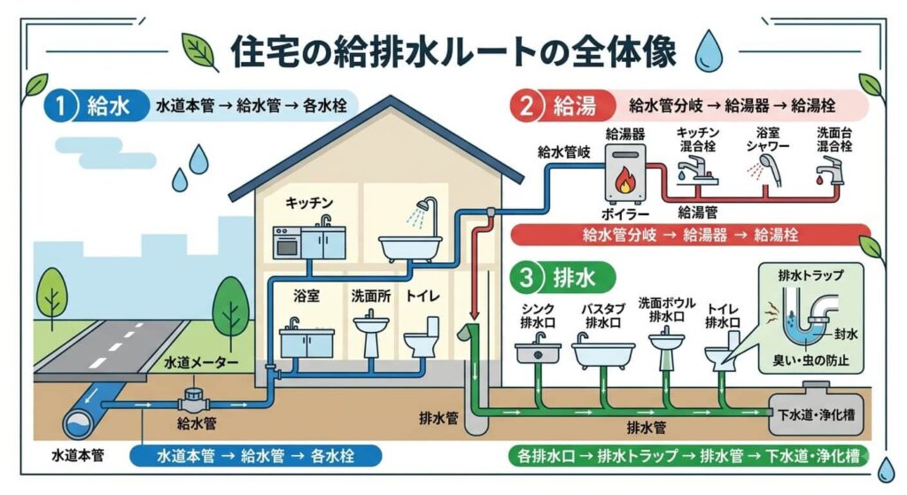 水道本管から下水道までの全体ルート図解
