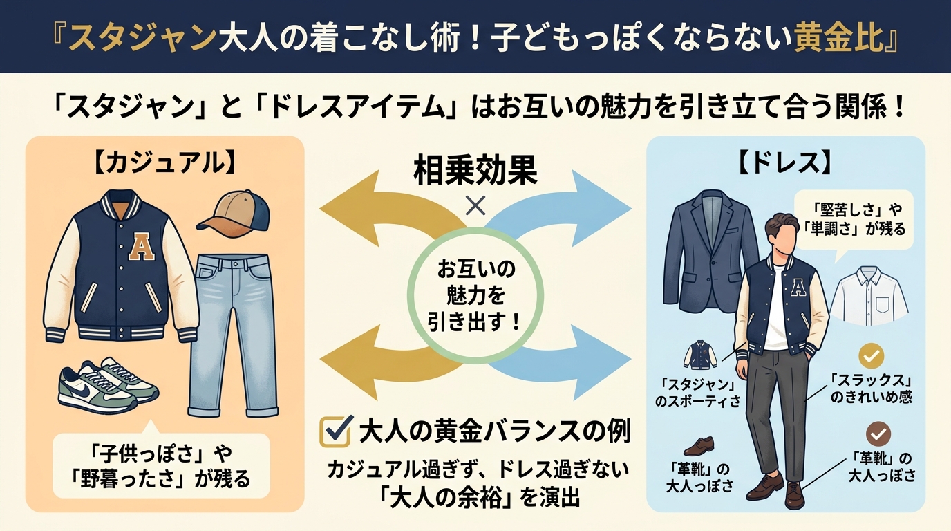 スタジャン大人の着こなし術！子どもっぽくならない黄金比のインフォグラフィック1
