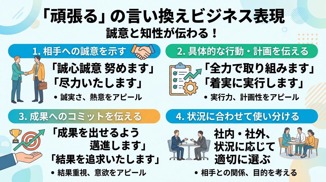 頑張る 言い換え｜頑張るの言い換えビジネス表現！誠意と知性が伝わのインフォグラフィック1