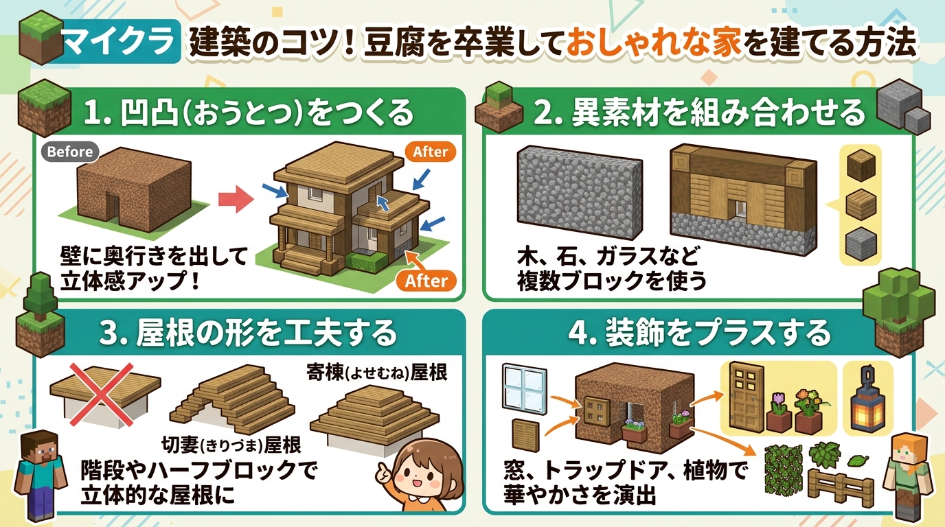 マイクラ 建築のコツ！豆腐を卒業しておしゃれな家を建てる方法のインフォグラフィック1