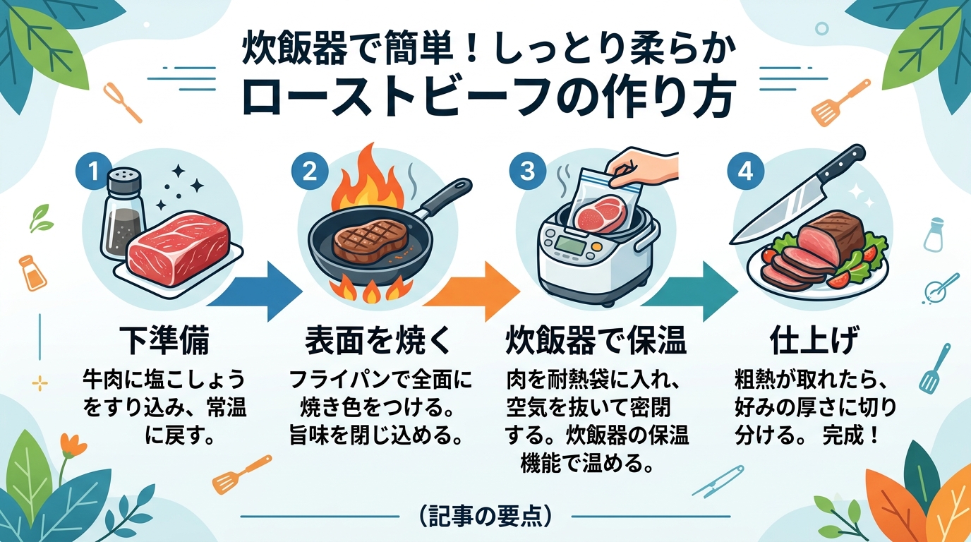 ローストビーフ 炊飯器|ローストビーフを炊飯器で簡単!しっとり柔のインフォグラフィック1