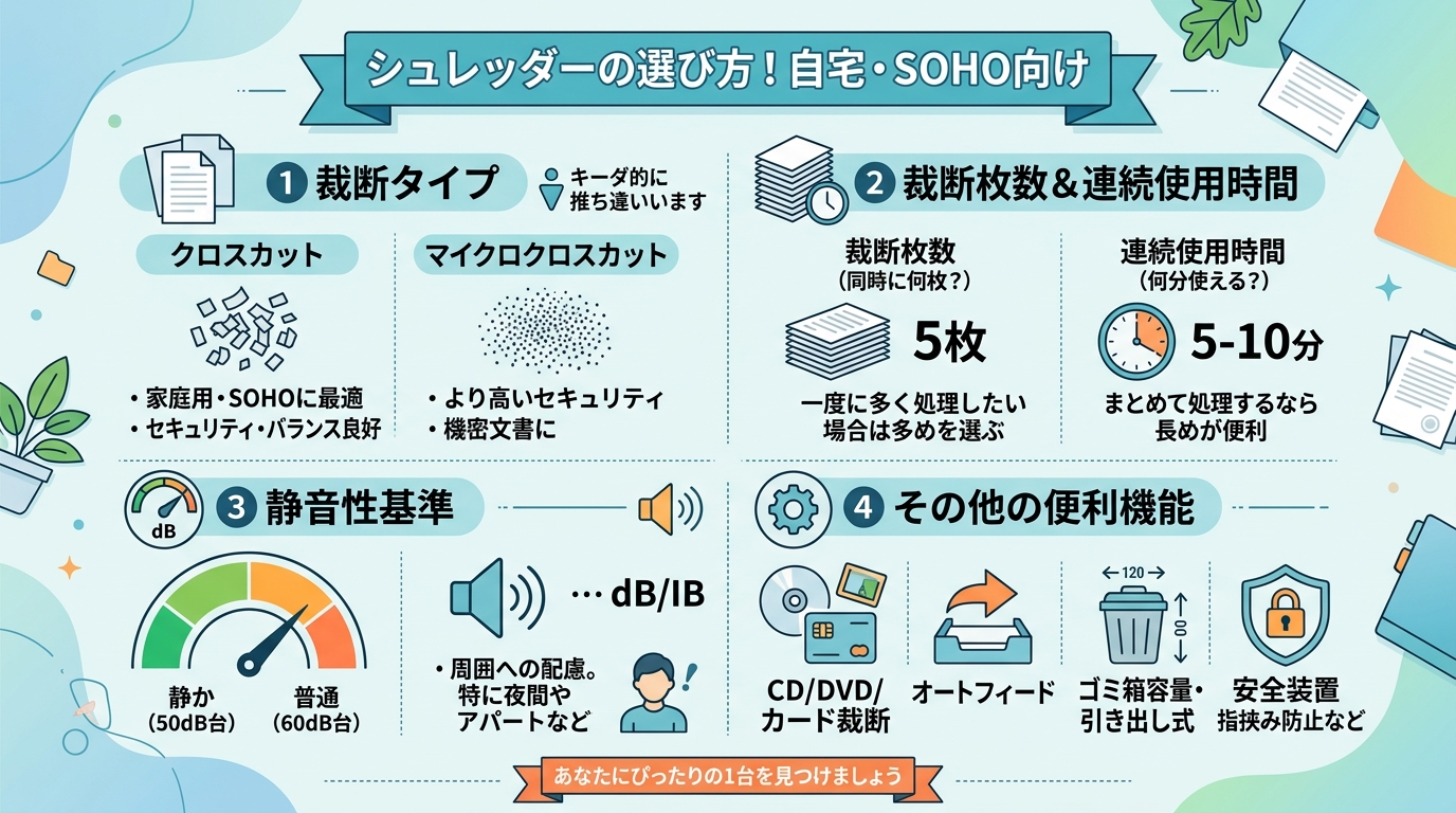シュレッダーの選び方！自宅・SOHO向けおすすめと静音基準のインフォグラフィック1