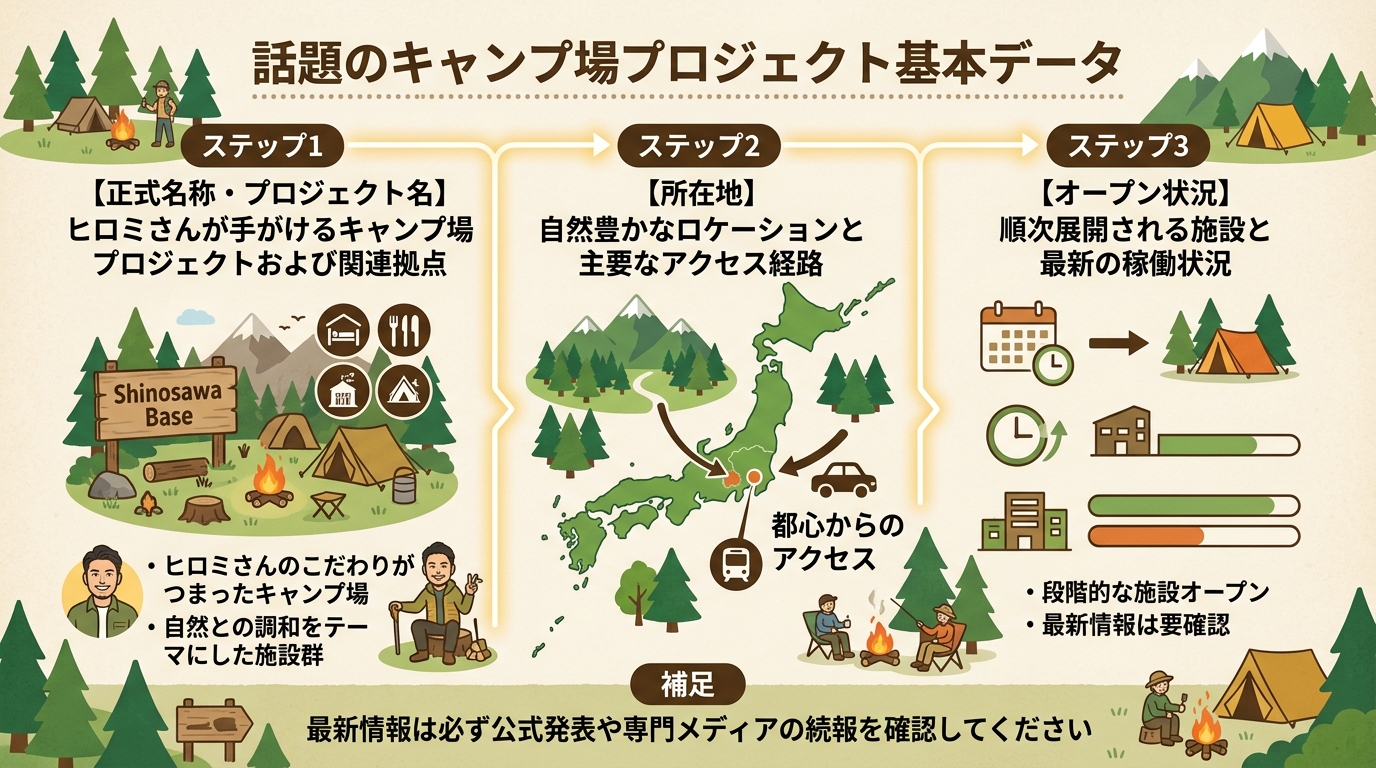 ヒロミ キャンプ場｜ヒロミのキャンプ場はどこ？場所や魅力・予約方のインフォグラフィック1