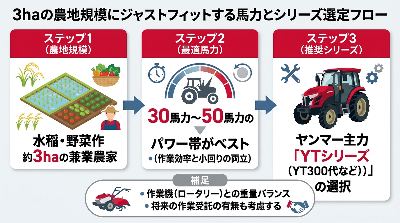 トラクター ヤンマーの選び方!3ha農家に最適な馬力と中古価格のインフォグラフィック1
