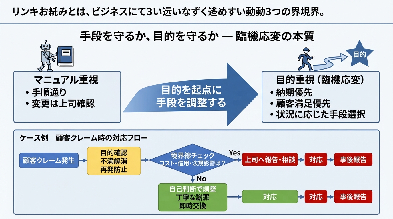 臨機応変とは?ビジネスで迷わず動く3つの境界線のインフォグラフィック1