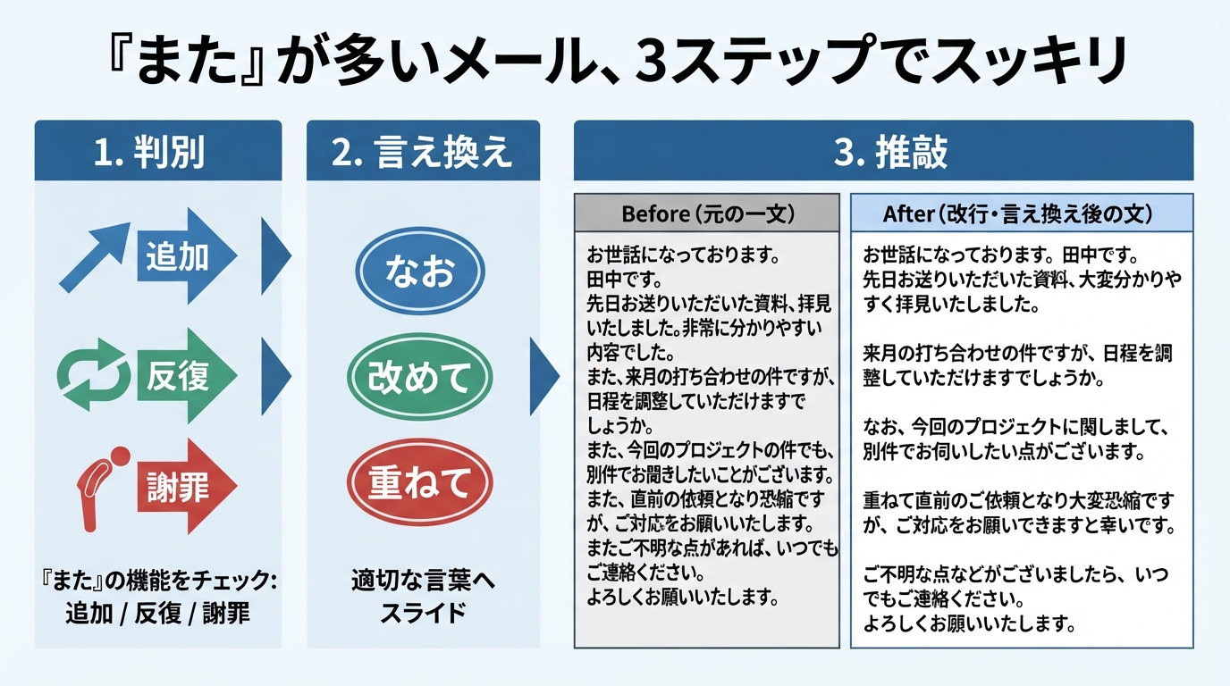 また 言い換え：ビジネスメールで連発を防ぐスマートな表現のインフォグラフィック1