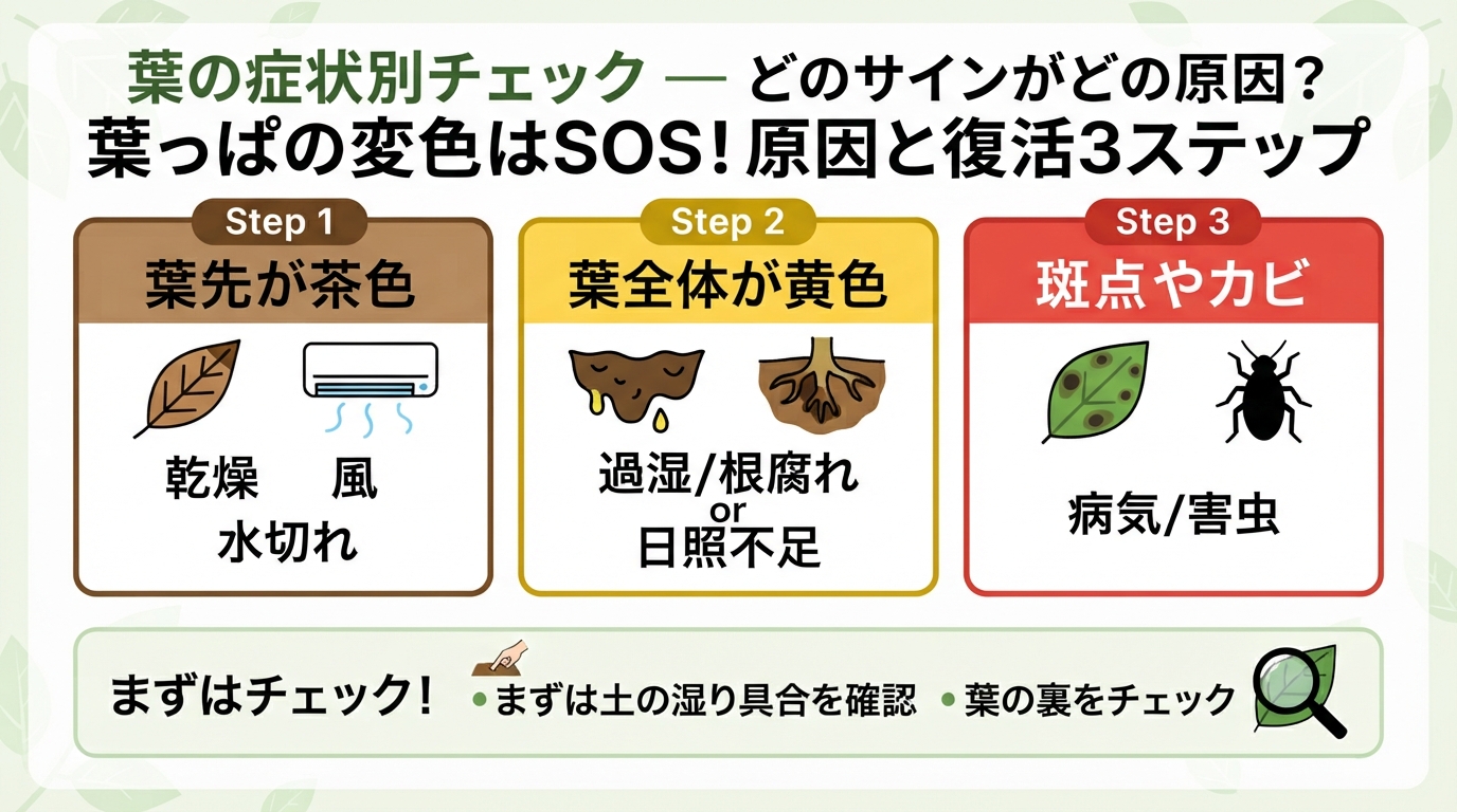 葉っぱの変色はSOS!原因と復活3ステップのインフォグラフィック1
