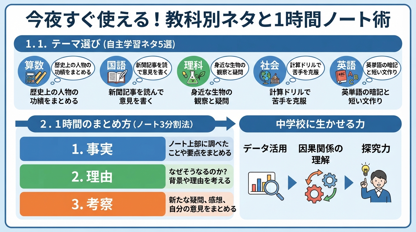 自主学習 ネタ 小6はこれ！1時間で終わるおすすめ5選とコツのインフォグラフィック1