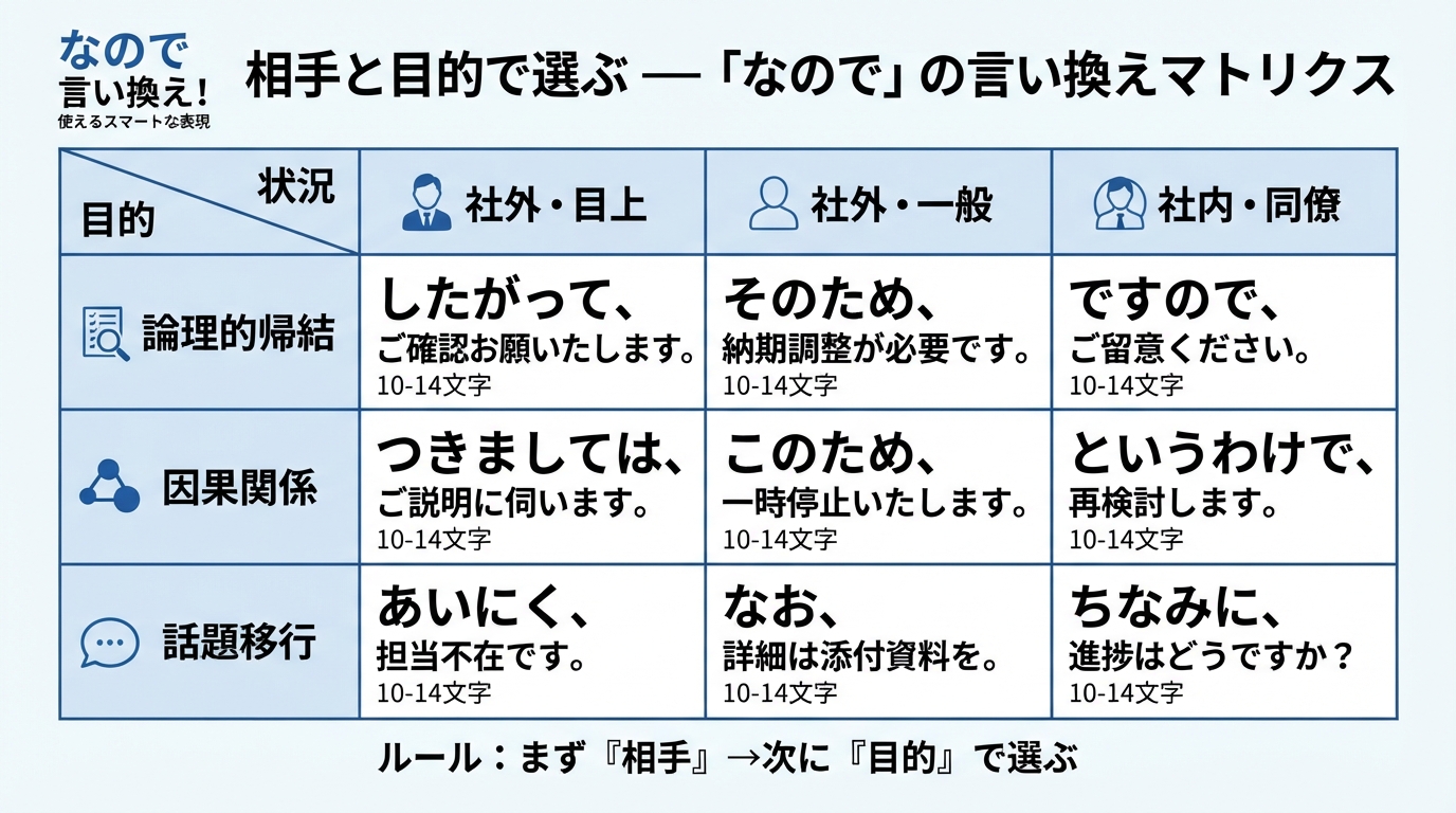 なので 言い換え!ビジネスメールで使えるスマートな表現のインフォグラフィック1