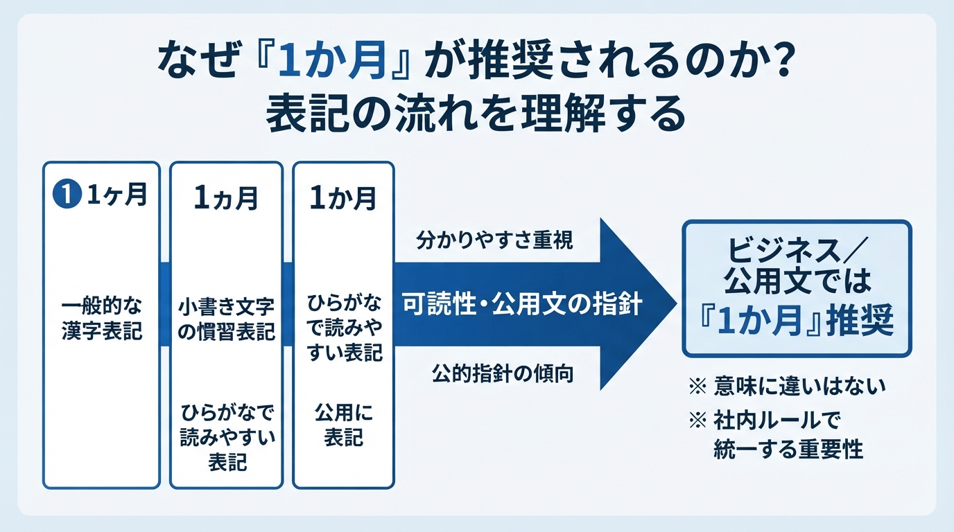 1ヶ月・1ヵ月・1か月どれが正解?ビジネス文書で迷わない表記のインフォグラフィック1