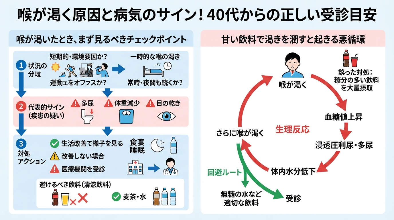 喉が渇く原因と病気のサイン！40代からの正しい受診目安のインフォグラフィック1