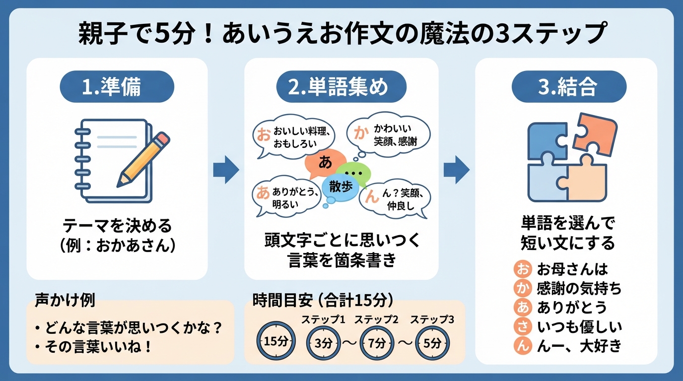 あいうえお作文の作り方！親子で最短15分で書ける魔法の3ステップのインフォグラフィック1