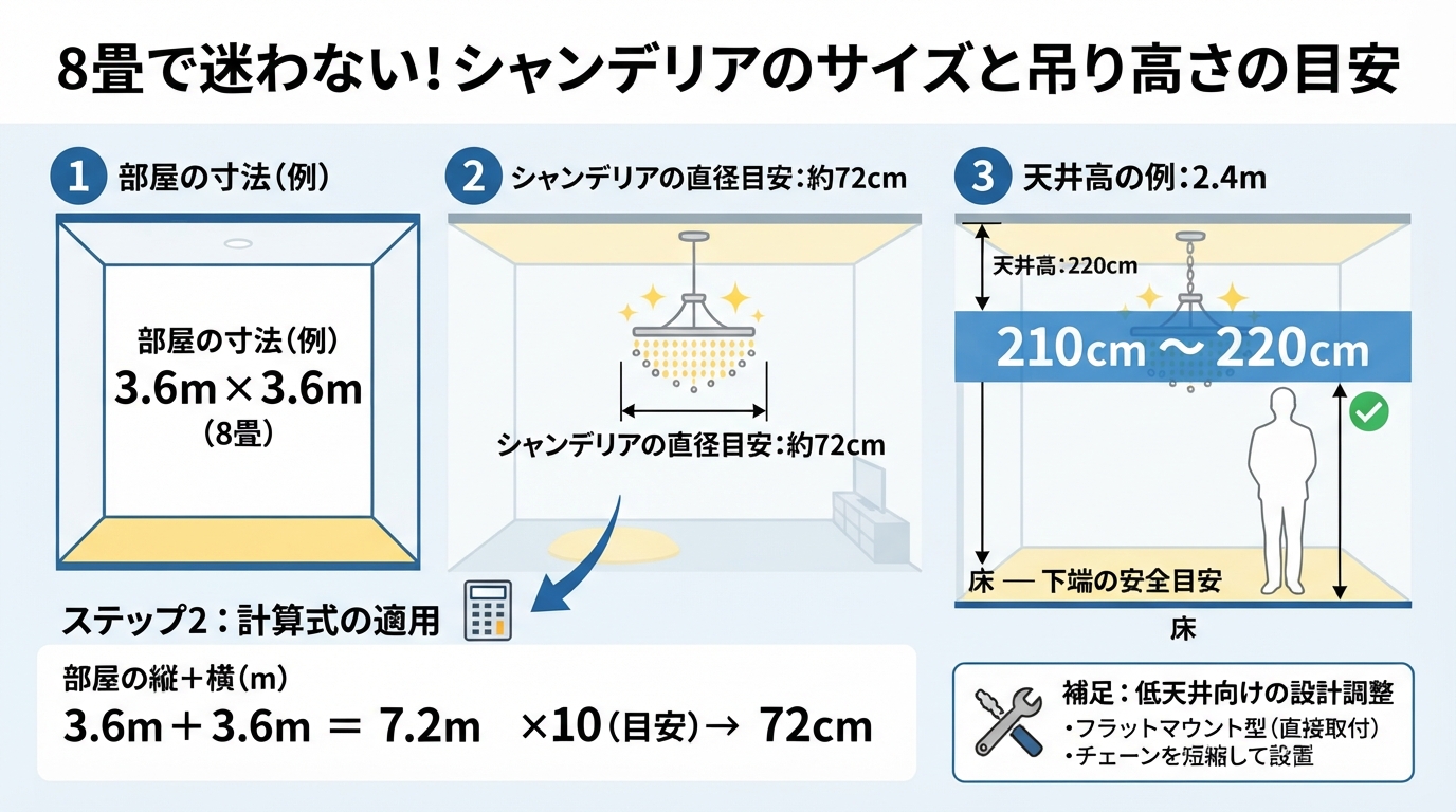 シャンデリアの選び方完全ガイド!失敗しないサイズ・明るさ・重さののインフォグラフィック1
