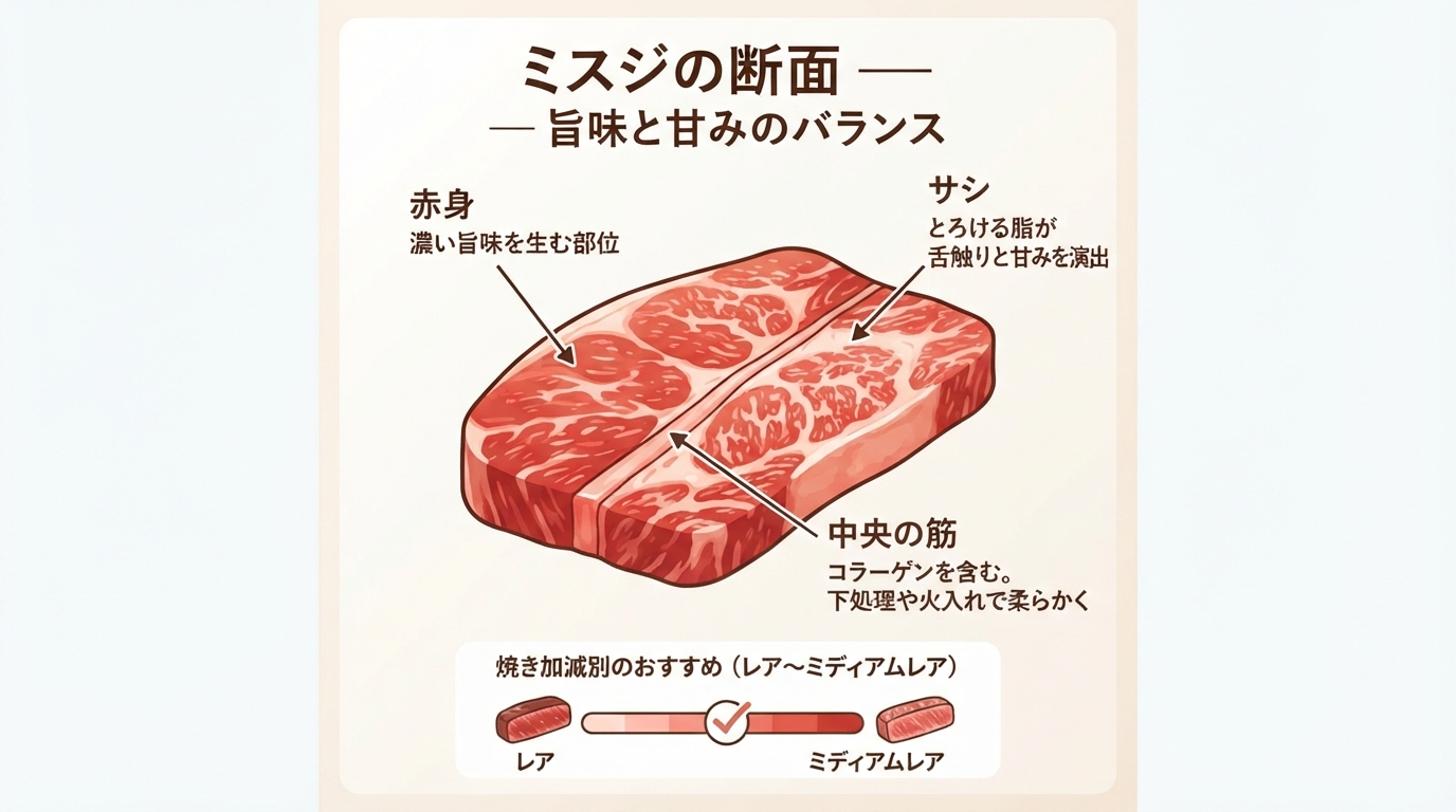 ミスジの柔らかい焼き方とは?失敗しない選び方と調理のコツのインフォグラフィック1