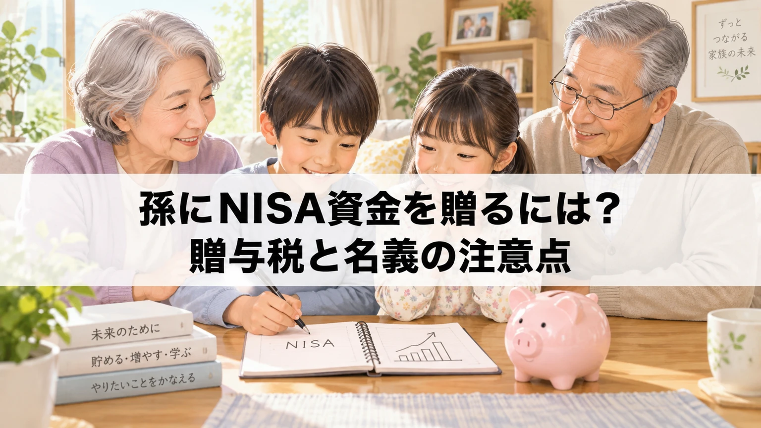 孫の将来資金について話す祖父母と孫