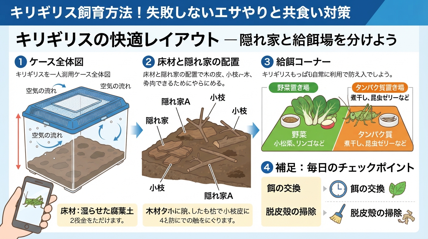 キリギリスの飼育方法!失敗しないエサやりと共食い対策のインフォグラフィック1