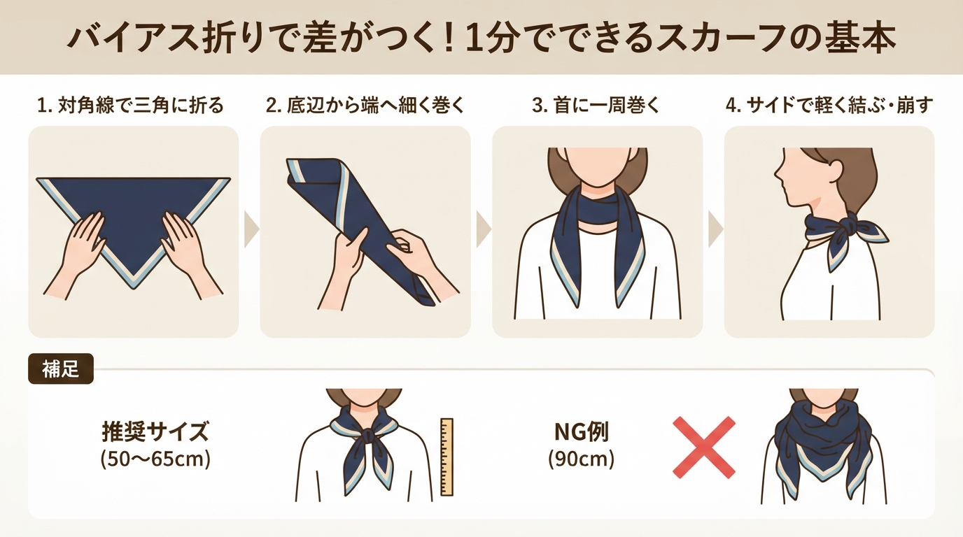 スカーフの巻き方初心者向け！1分で決まるバイアス折りとこなれ感ののインフォグラフィック1