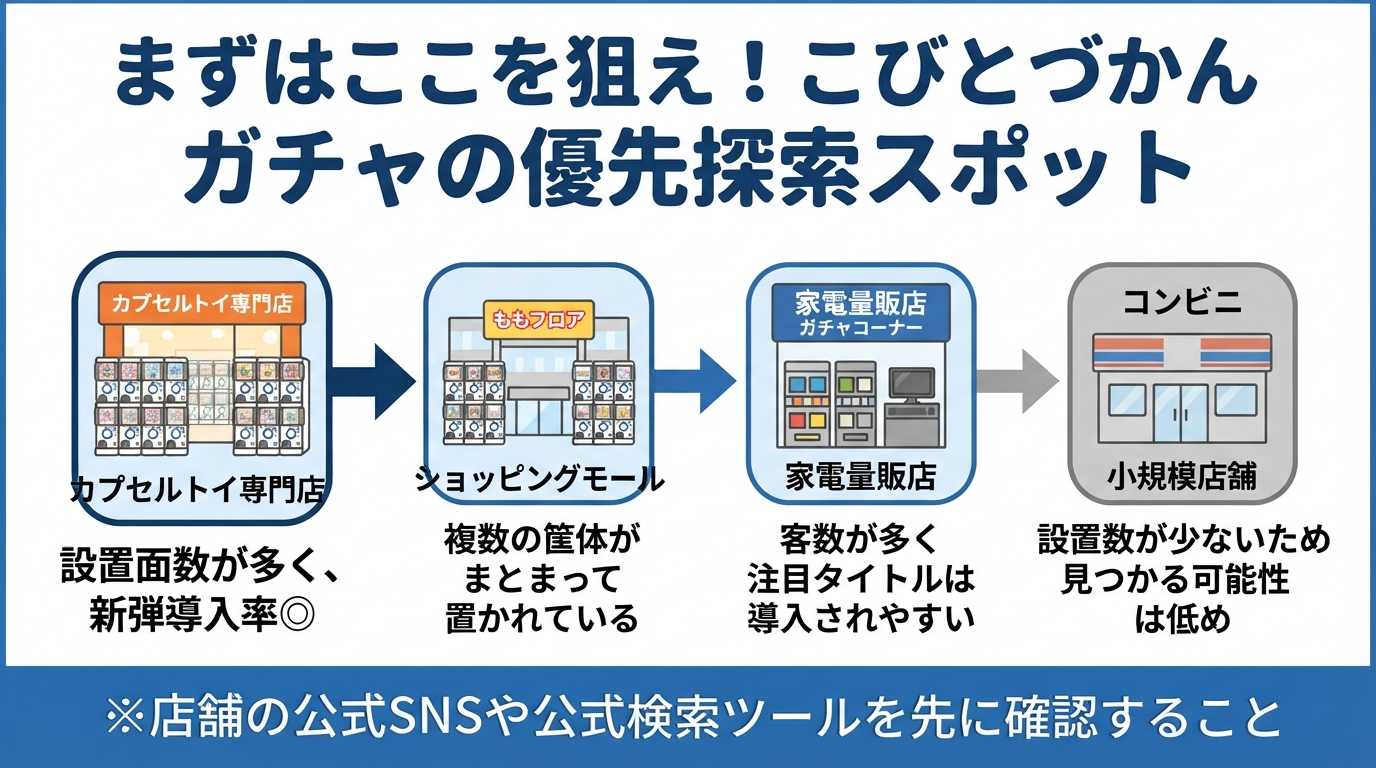 こびとづかん ガチャガチャの設置場所と見つからない時の対策のインフォグラフィック1