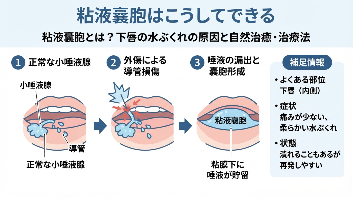 粘液嚢胞とは?下唇の水ぶくれの原因と自然治癒・治療法のインフォグラフィック1