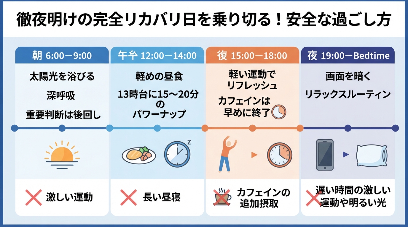 眠れないまま朝になった日を乗り切る！安全な過ごし方のインフォグラフィック1